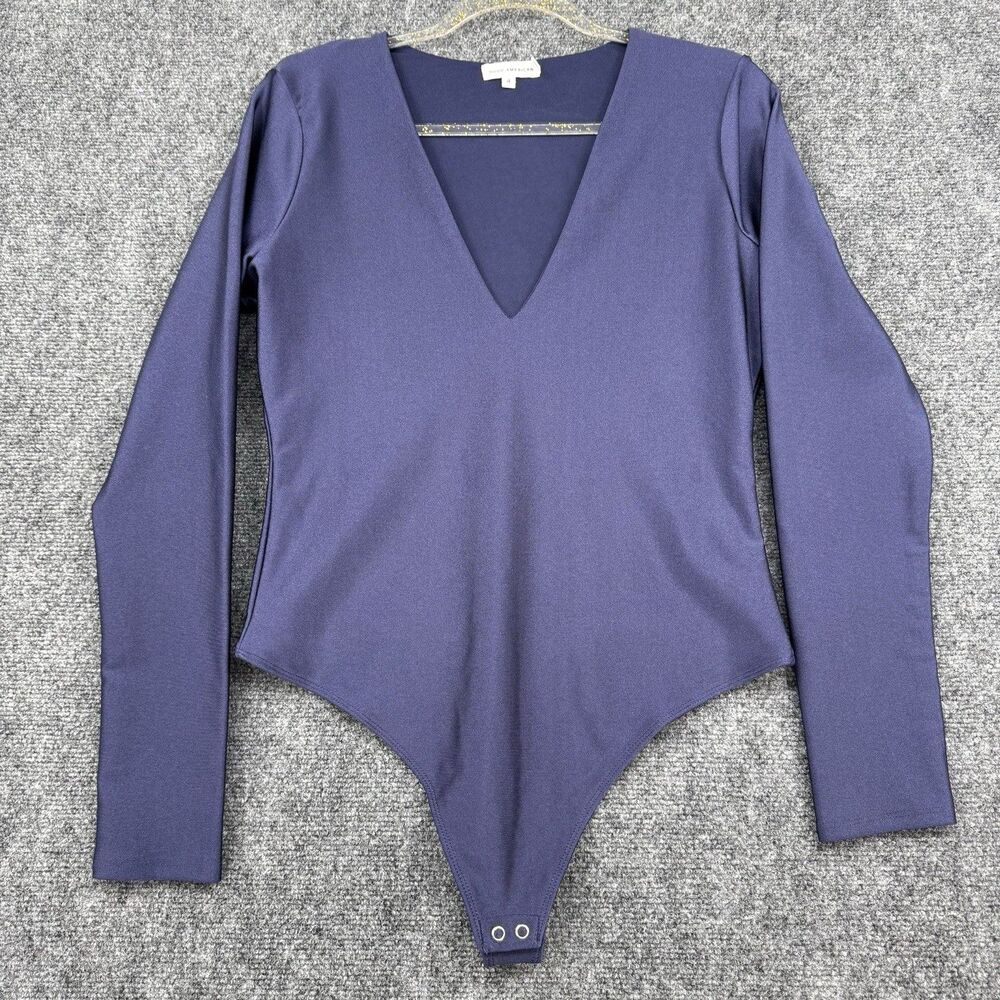 Good American Bodysuit Blue Long Sleeve Deep V Stretch Snap Closure Size 4